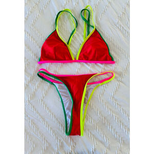 Ultra Bright Colorblock Bikini Set women small red yellow pink green
